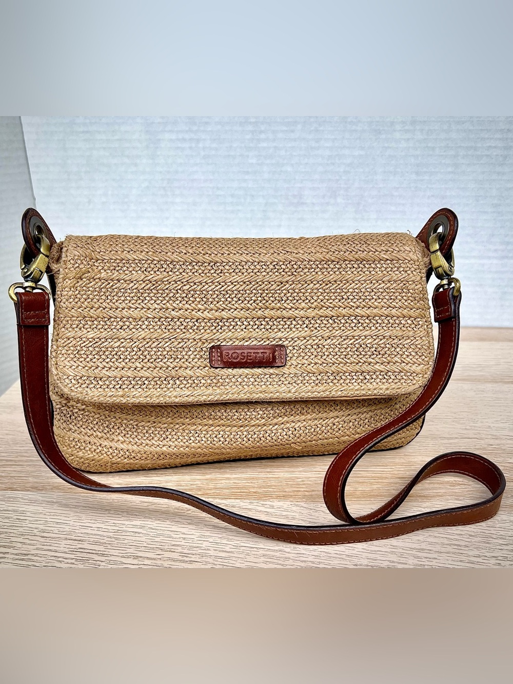 Rosetti Woven Straw Crossbody Bag Tan Brown Boho Summer